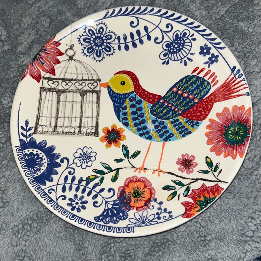 Pier 1 Imports ironstone bird plate measures 9 inches round lovely flowers - Picture 2 of 8